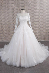 Chic Longsleeves Jewel Tulle Wedding Dresses A-line Bridal Gowns With Appliques Online-27dress