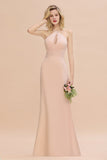 Chic Mermaid Keyhole Pink Chiffon Long Bridesmaid Dress Affordable with Ruffle-27dress