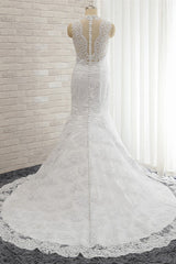 Chic Mermaid V-Neck Lace Wedding Dress Appliques Sleeveless Beadings Bridal Gowns On Sale-27dress