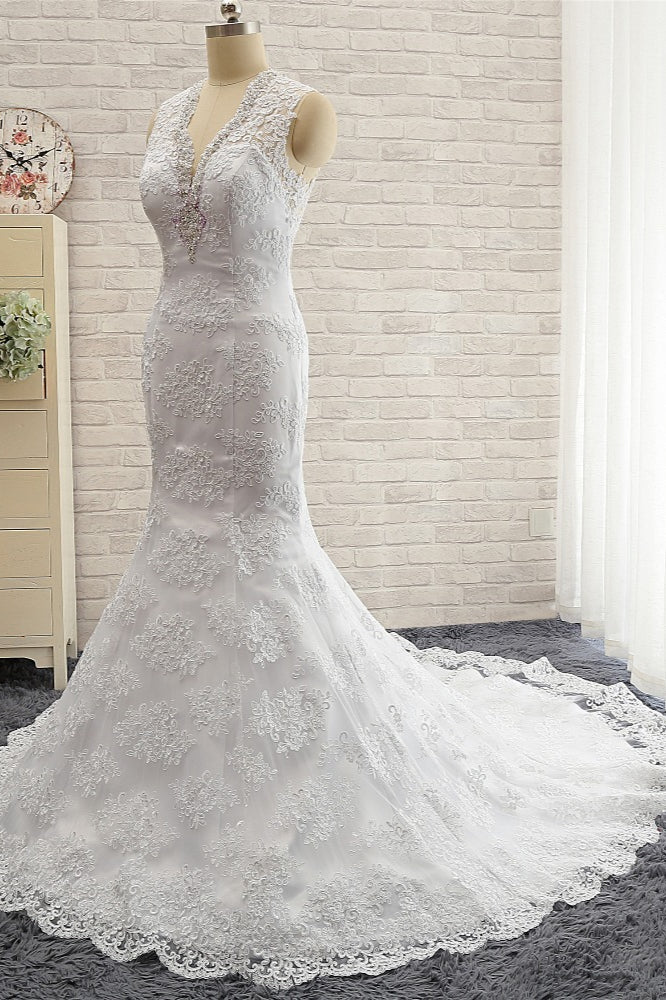 Chic Mermaid V-Neck Lace Wedding Dress Appliques Sleeveless Beadings Bridal Gowns On Sale-27dress