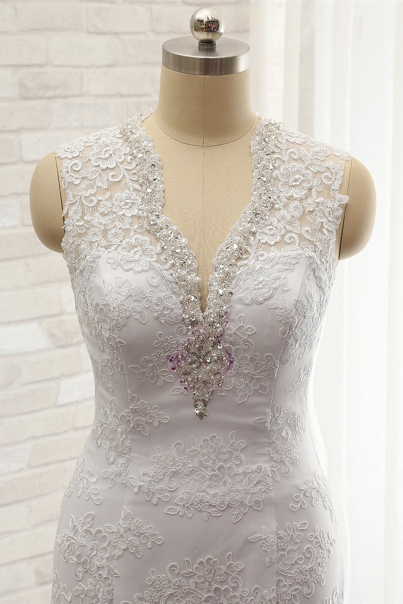 Chic Mermaid V-Neck Lace Wedding Dress Appliques Sleeveless Beadings Bridal Gowns On Sale-27dress