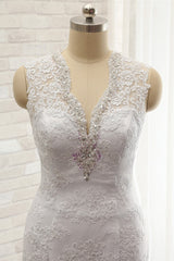 Chic Mermaid V-Neck Lace Wedding Dress Appliques Sleeveless Beadings Bridal Gowns On Sale-27dress