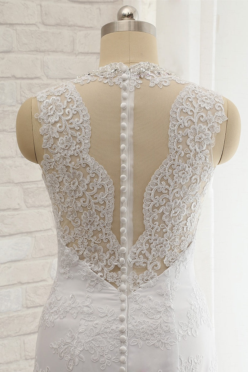 Chic Mermaid V-Neck Lace Wedding Dress Appliques Sleeveless Beadings Bridal Gowns On Sale-27dress