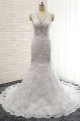 Chic Mermaid V-Neck Lace Wedding Dress Appliques Sleeveless Beadings Bridal Gowns On Sale-27dress