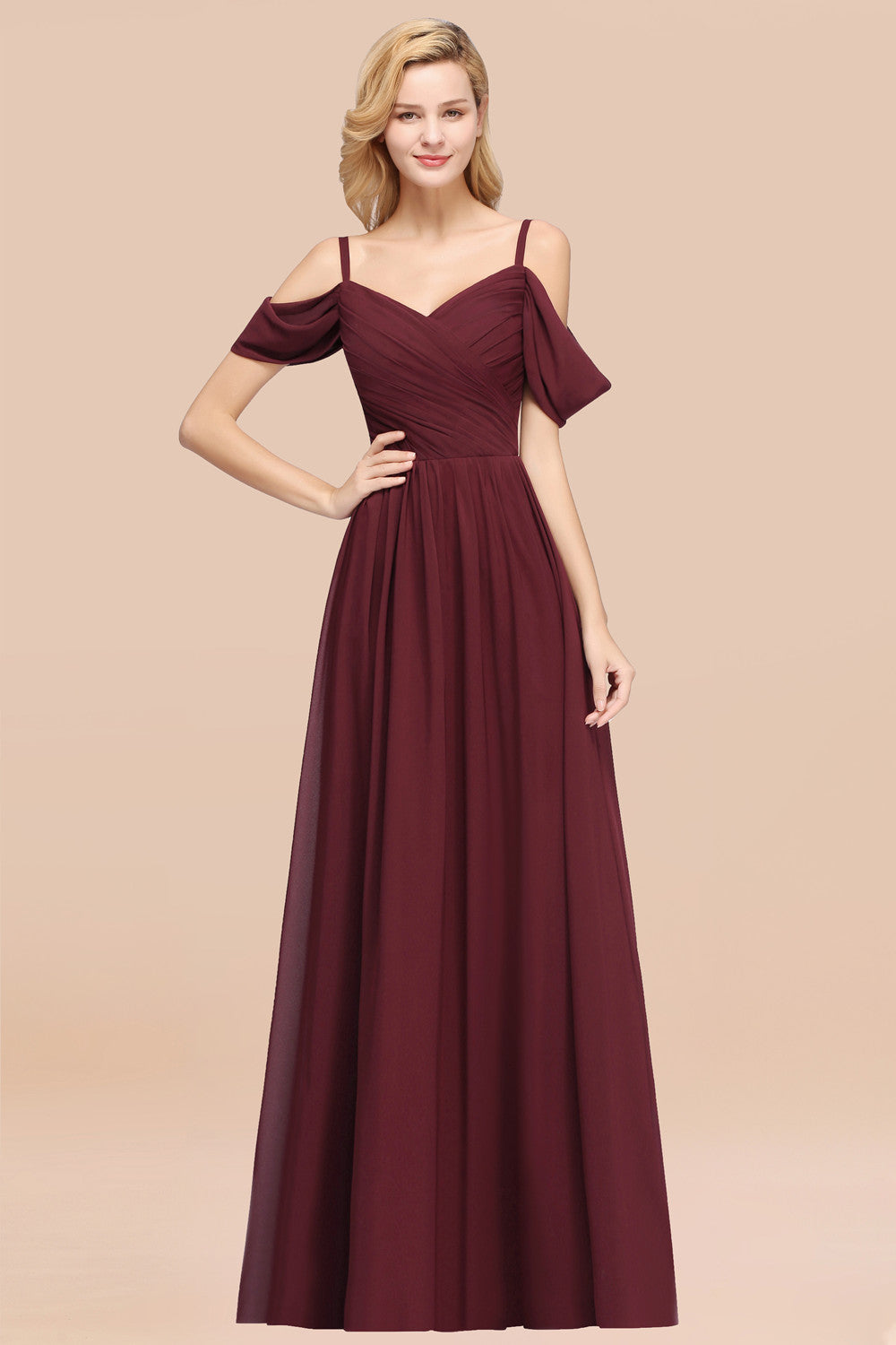 Chic Off-the-shoulder Burgundy Bridesmaid Dress with Spaghetti Straps-27dress