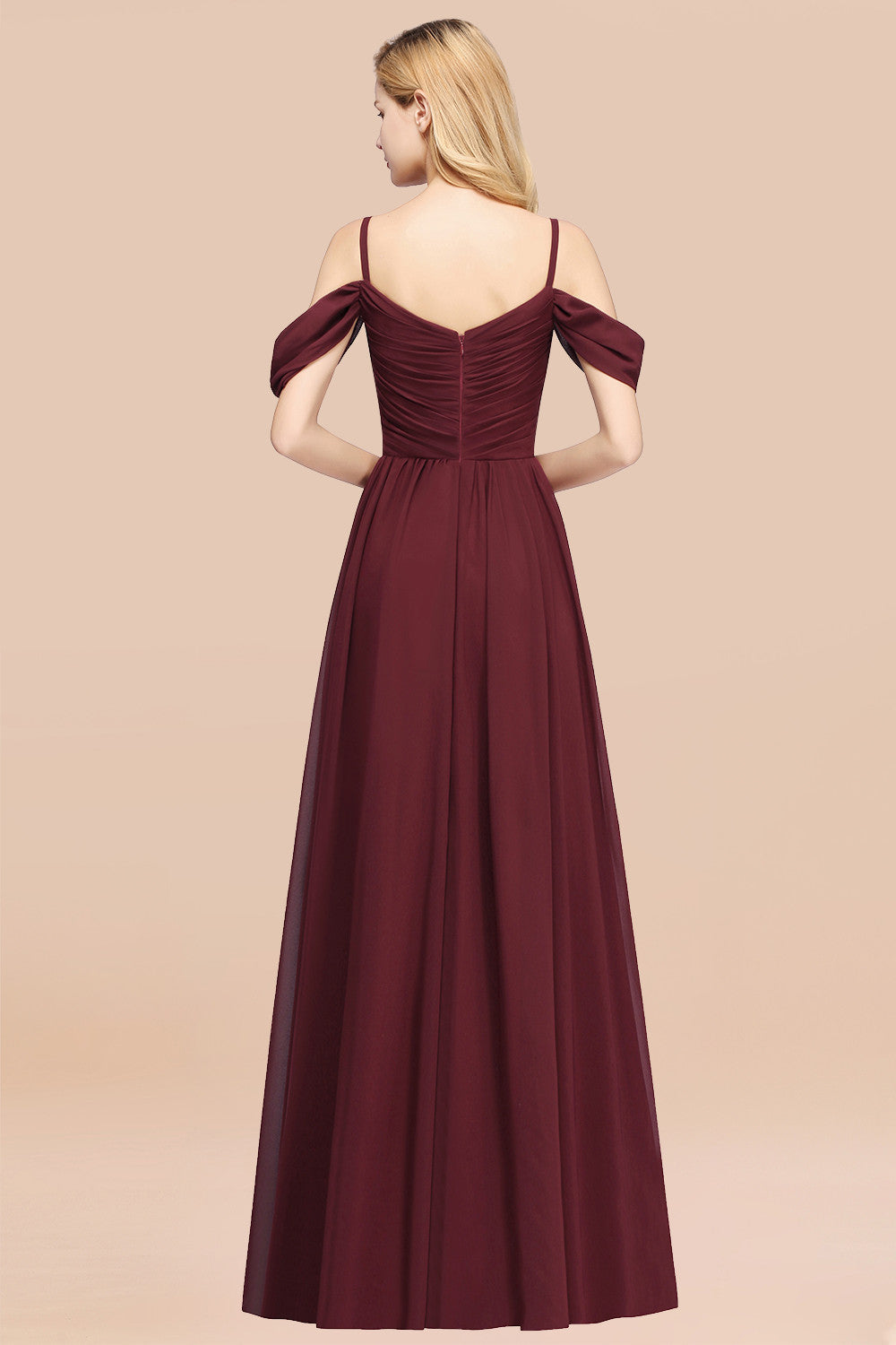 Chic Off-the-shoulder Burgundy Bridesmaid Dress with Spaghetti Straps-27dress