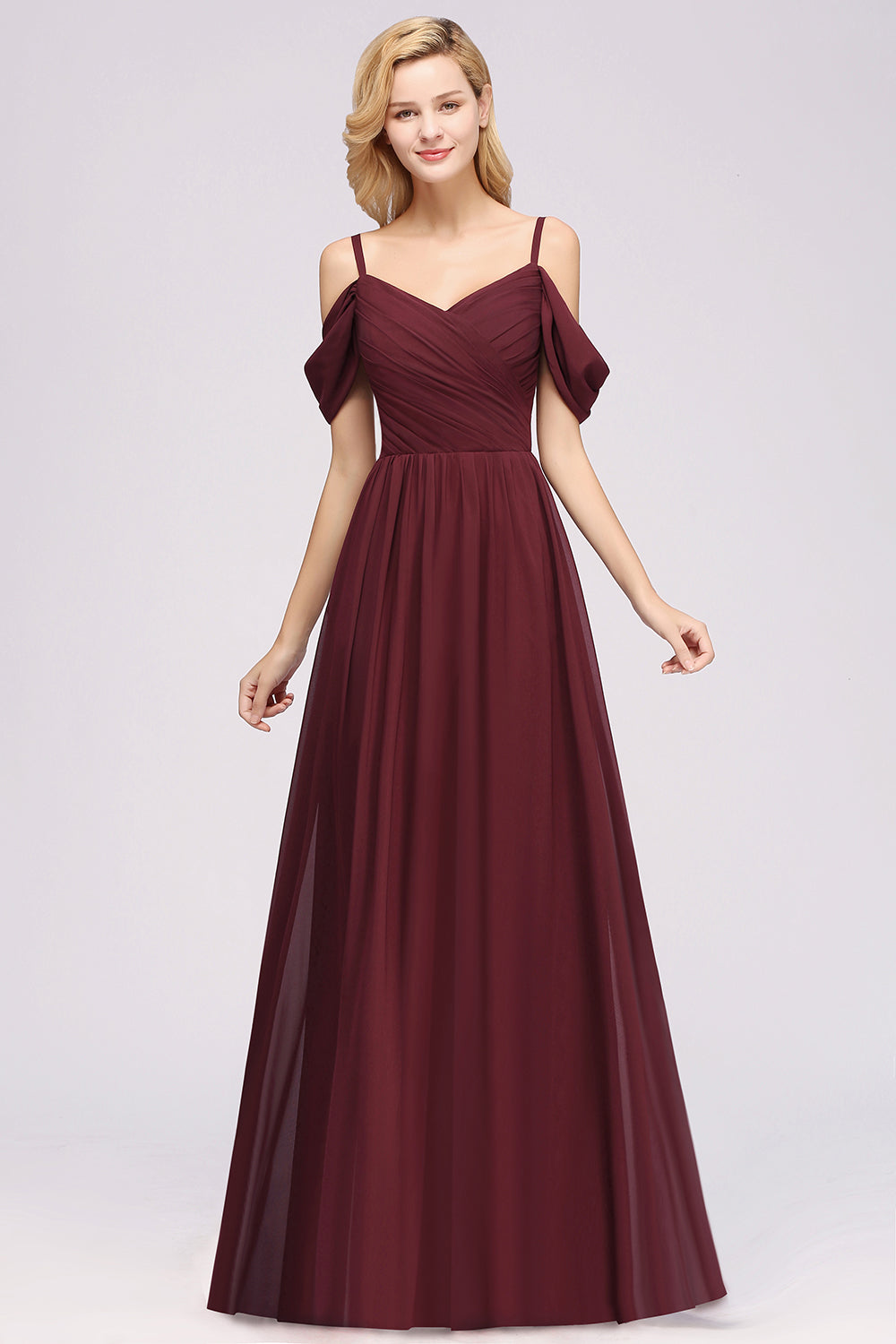 Chic Off-the-shoulder Burgundy Bridesmaid Dress with Spaghetti Straps-27dress