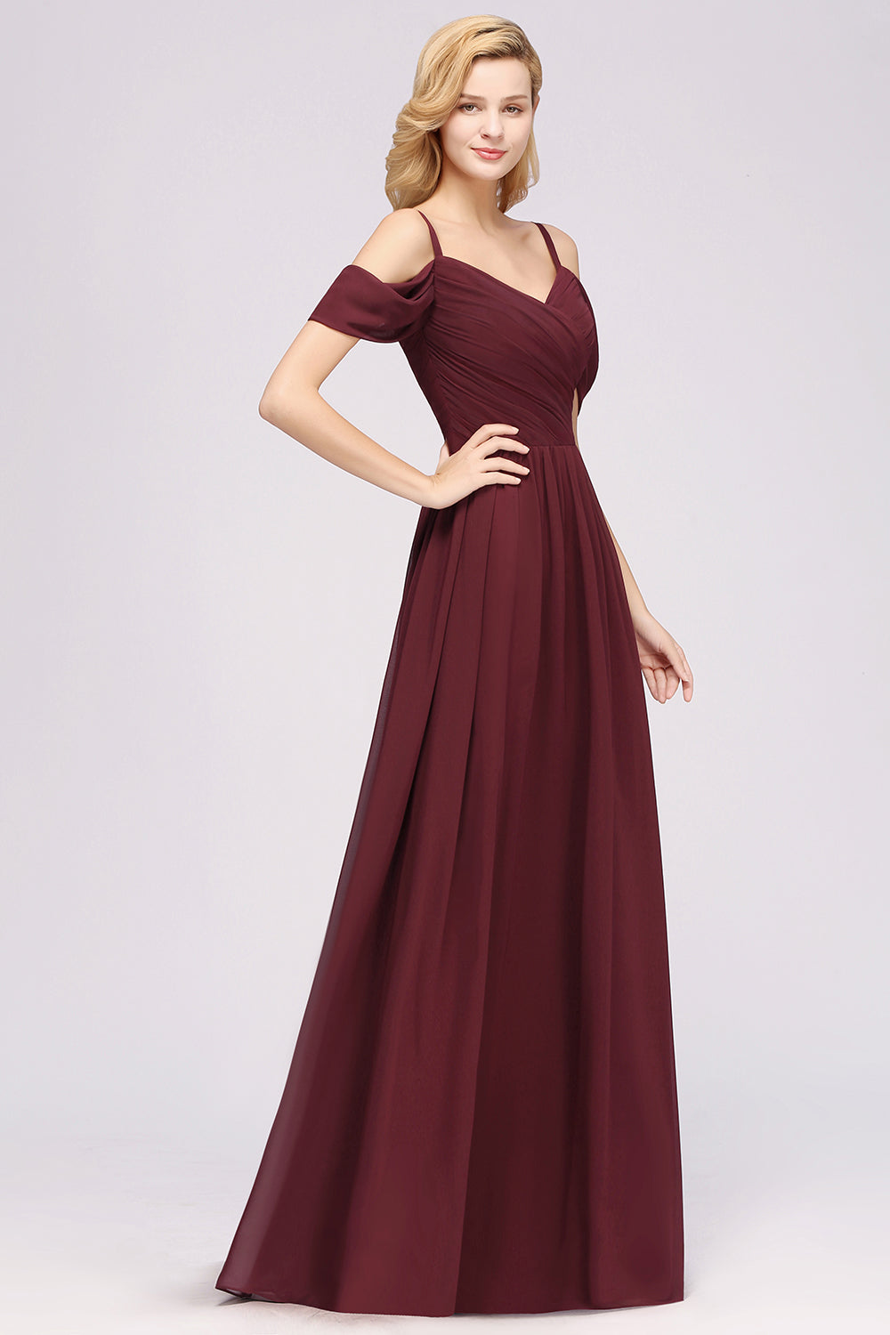 Chic Off-the-shoulder Burgundy Bridesmaid Dress with Spaghetti Straps-27dress