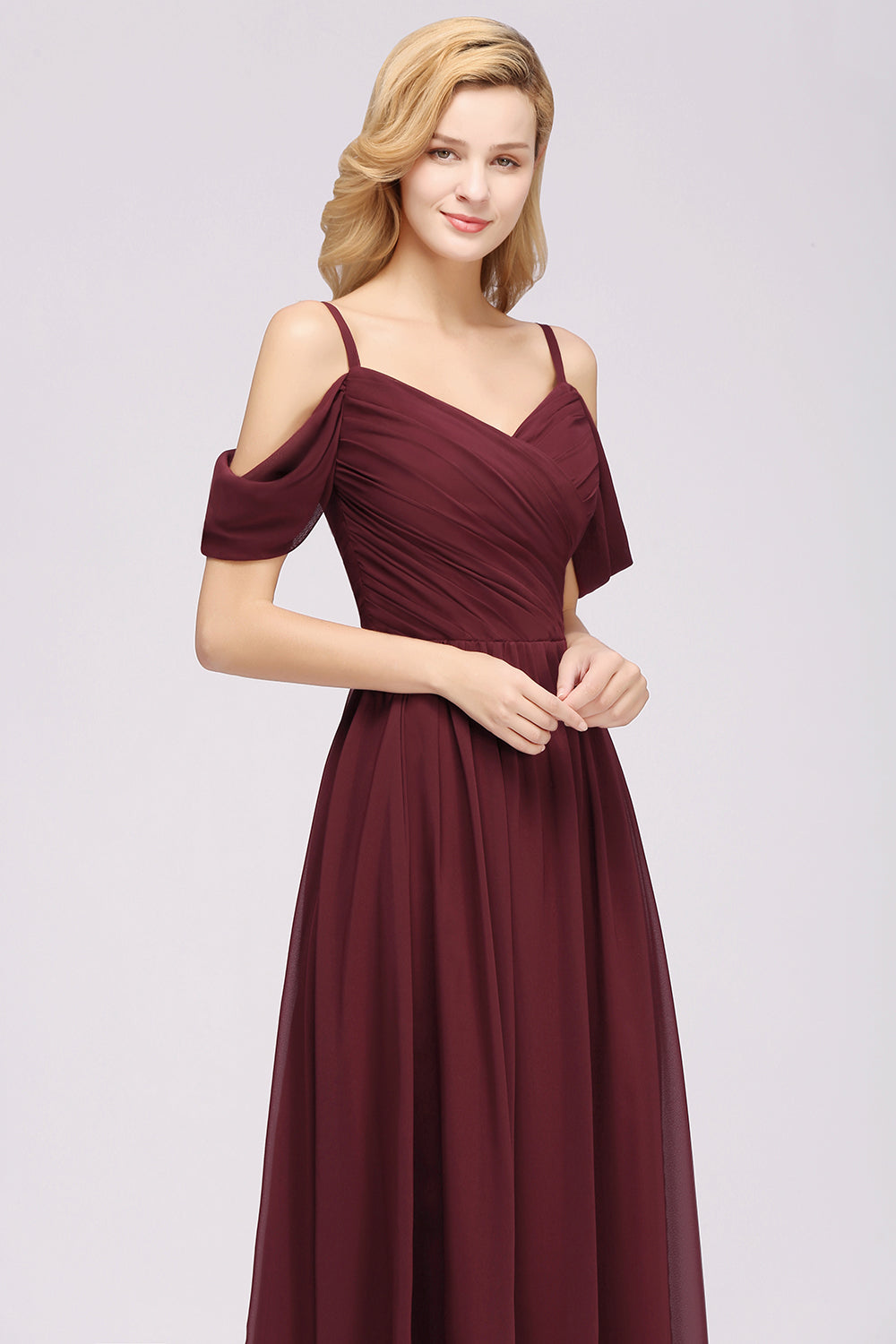 Chic Off-the-shoulder Burgundy Bridesmaid Dress with Spaghetti Straps-27dress