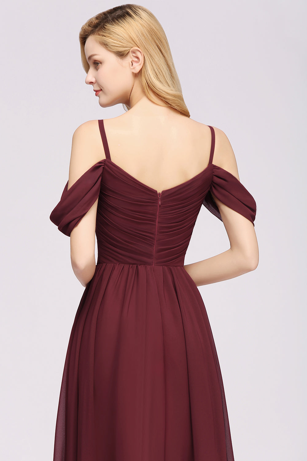 Chic Off-the-shoulder Burgundy Bridesmaid Dress with Spaghetti Straps-27dress