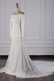 Chic Off-the-Shoulder Satin Wedding Dress Tulle Lace Bridal Gowns with Long Sleeves On Sale-27dress