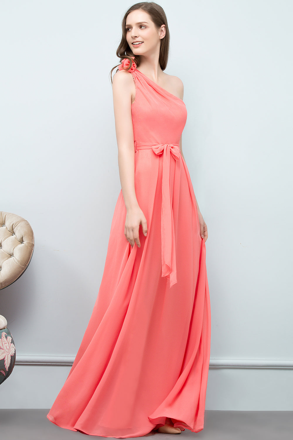 Chic One Shoulder Flower Long Bridesmaid Dresses with Bow Sash-27dress