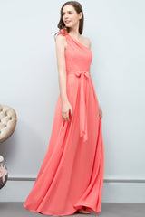 Chic One Shoulder Flower Long Bridesmaid Dresses with Bow Sash-27dress