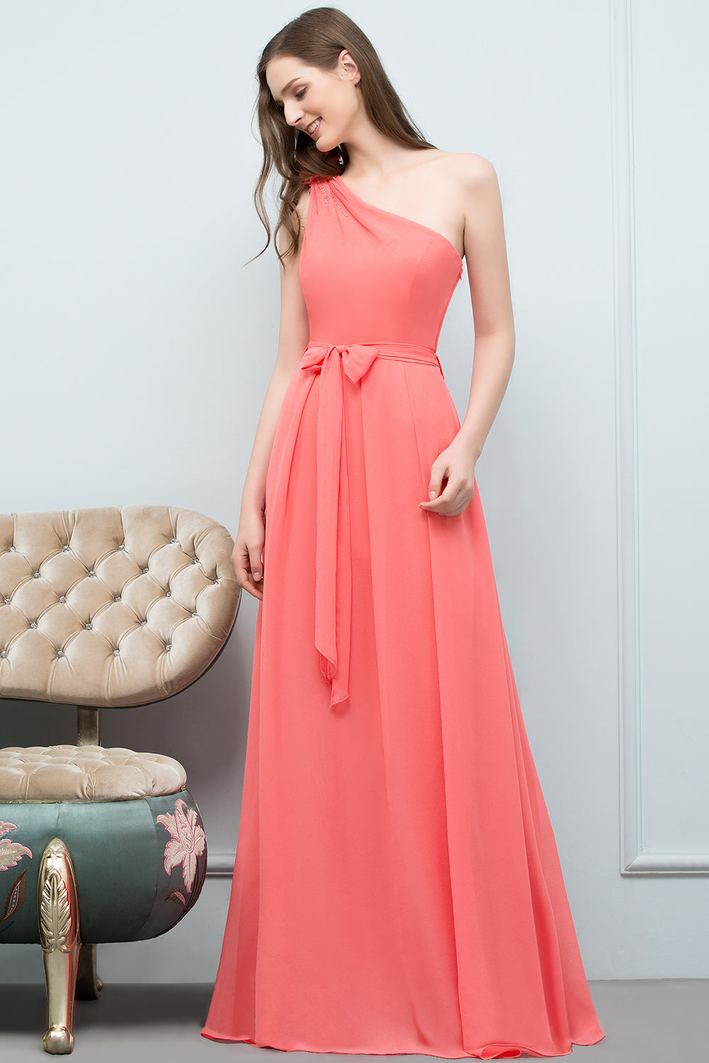 Chic One Shoulder Flower Long Bridesmaid Dresses with Bow Sash-27dress