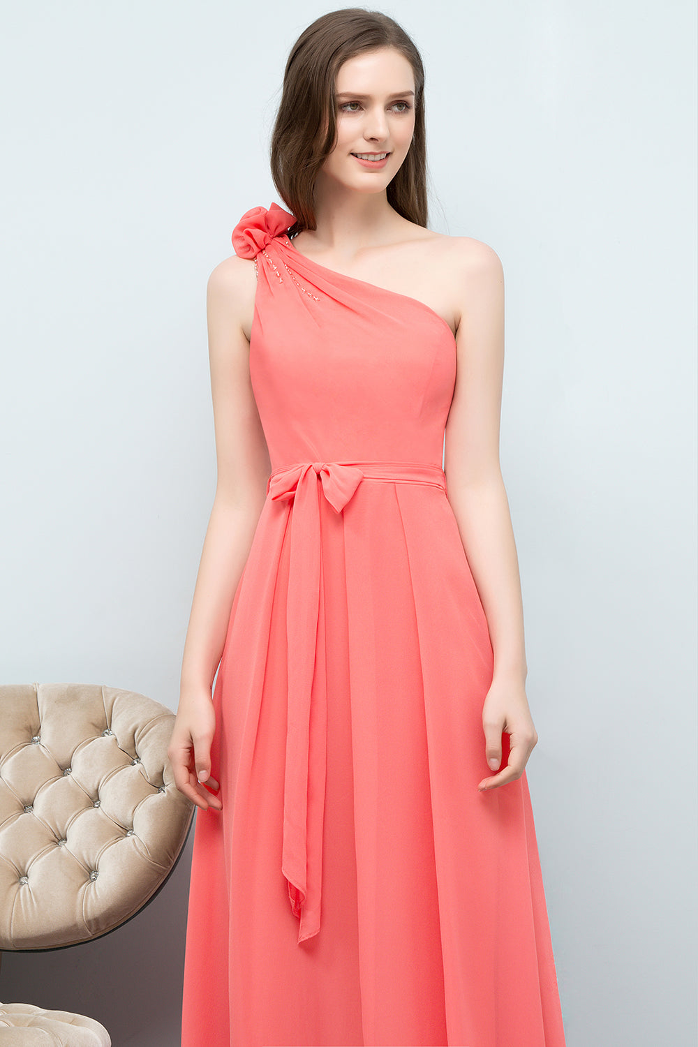 Chic One Shoulder Flower Long Bridesmaid Dresses with Bow Sash-27dress