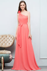 Chic One Shoulder Flower Long Bridesmaid Dresses with Bow Sash-27dress