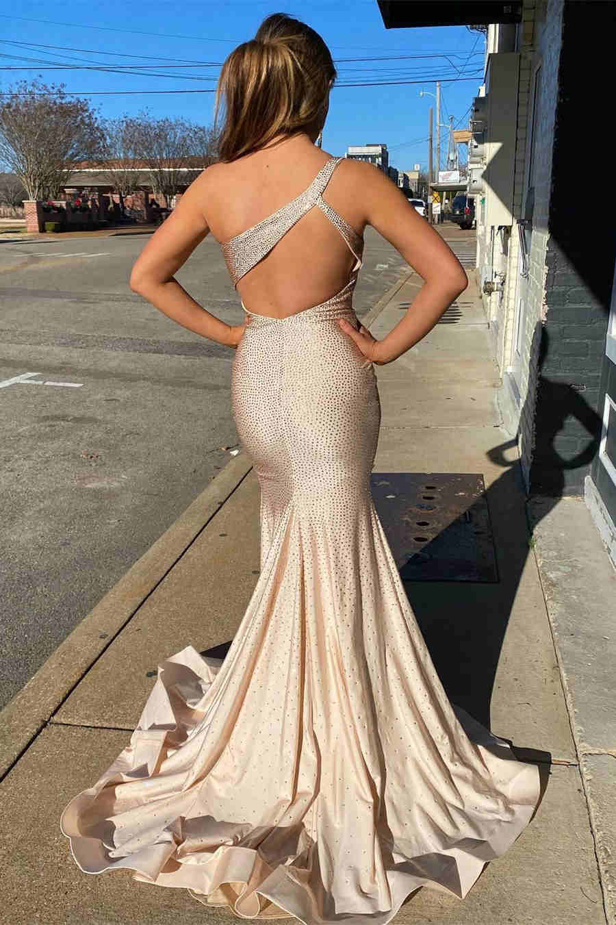 Chic One Shoulder Long Prom Dress with Rhinestones-27dress