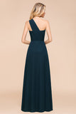 Chic One Shoulder Navy Chiffon Bridesmaid Dresses with Ruffle-27dress