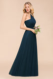 Chic One Shoulder Navy Chiffon Bridesmaid Dresses with Ruffle-27dress