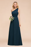 Chic One Shoulder Navy Chiffon Bridesmaid Dresses with Ruffle-27dress