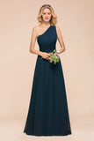 Chic One Shoulder Navy Chiffon Bridesmaid Dresses with Ruffle-27dress