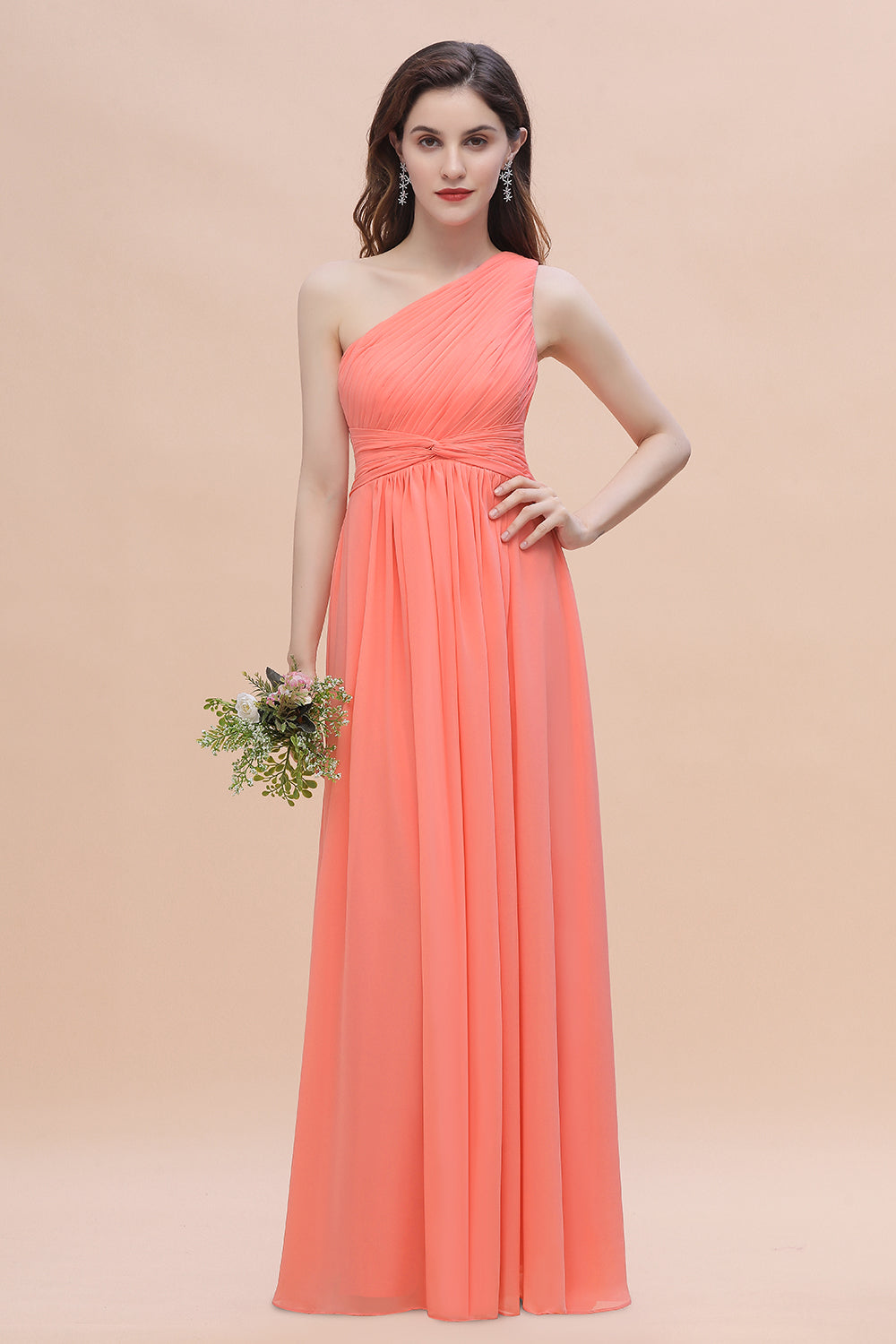 Chic One-Shoulder Ruffles Chiffon Coral Bridesmaid Dresses On Sale-27dress