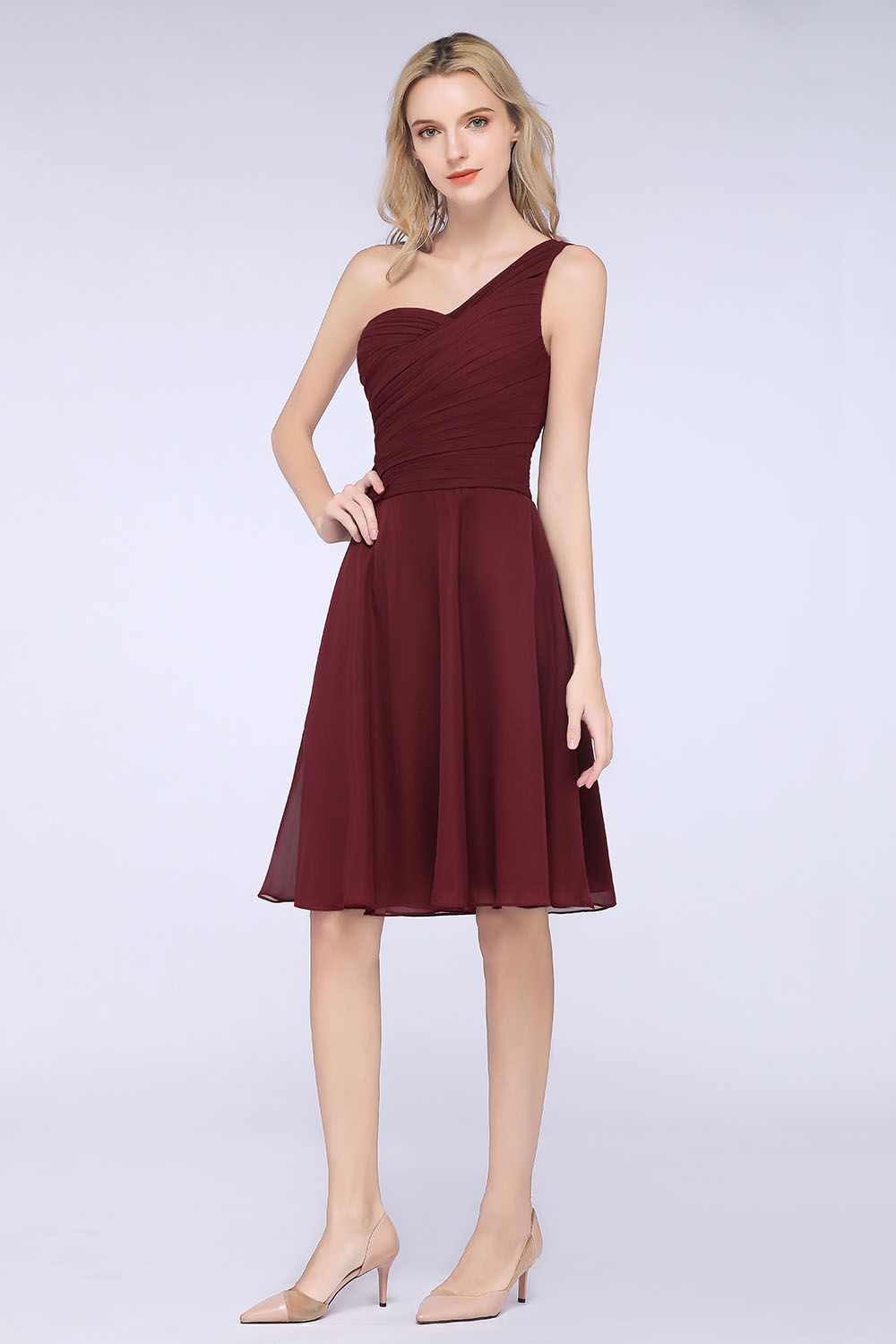 Chic One-Shoulder Short Burgundy Affordable Bridesmaid Dress with Ruffle-27dress