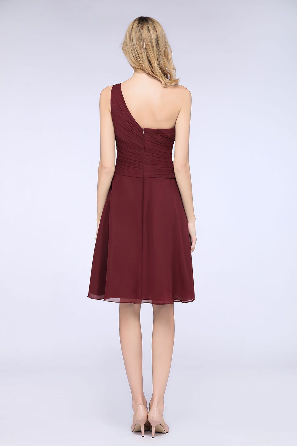 Chic One-Shoulder Short Burgundy Affordable Bridesmaid Dress with Ruffle-27dress