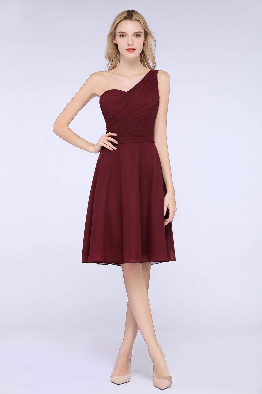 Chic One-Shoulder Short Burgundy Affordable Bridesmaid Dress with Ruffle-27dress