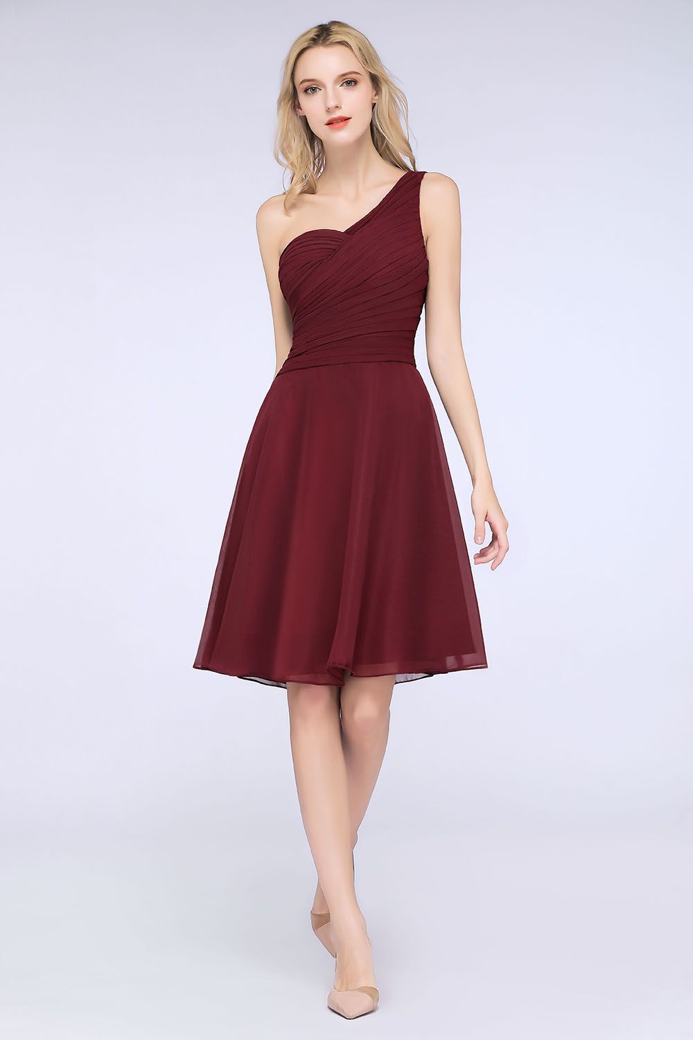 Chic One-Shoulder Short Burgundy Affordable Bridesmaid Dress with Ruffle-27dress