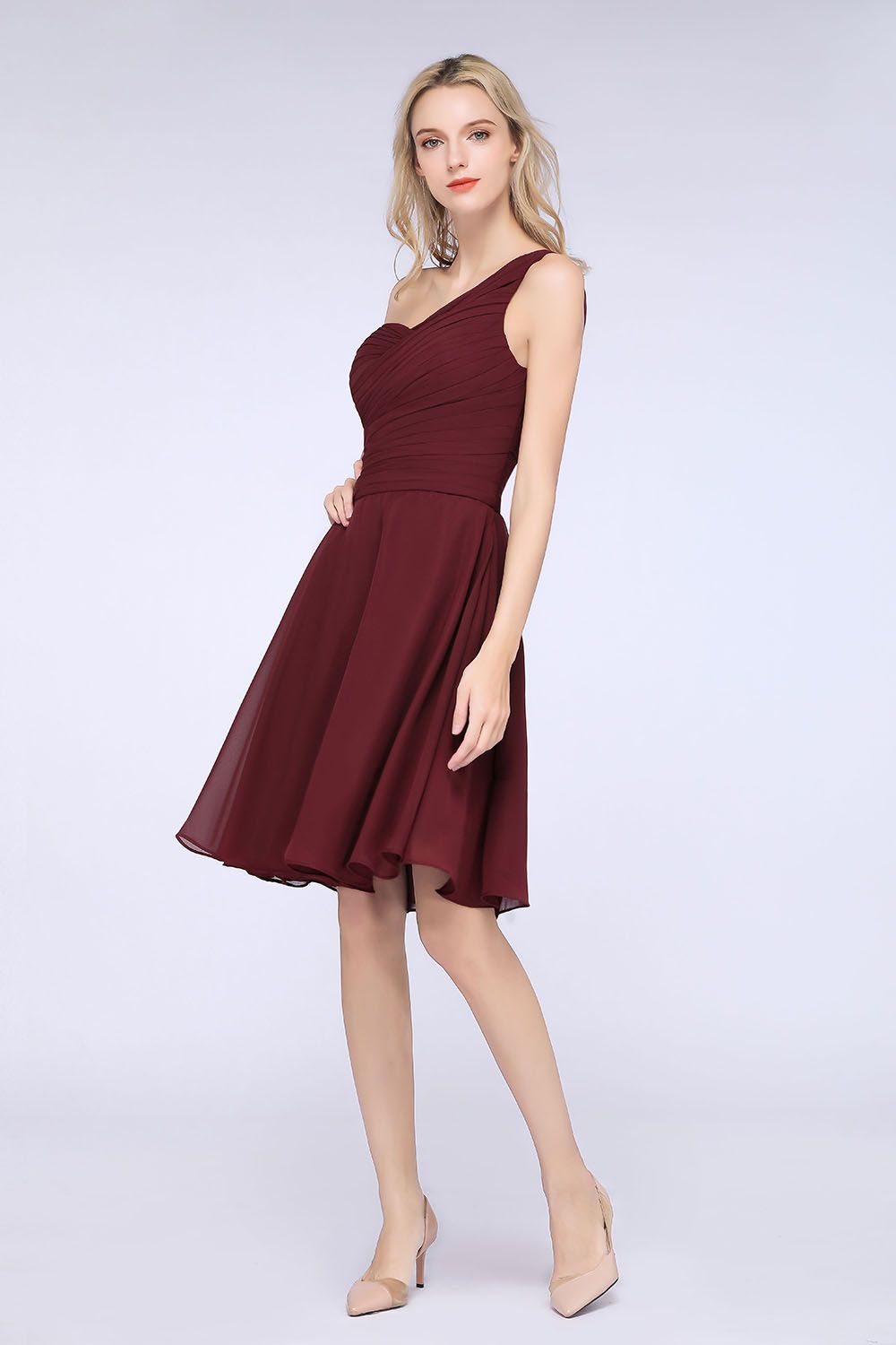 Chic One-Shoulder Short Burgundy Affordable Bridesmaid Dress with Ruffle-27dress