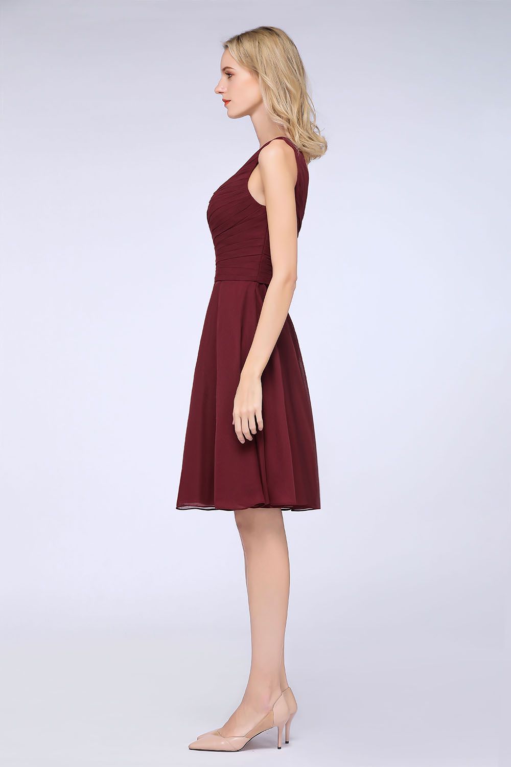 Chic One-Shoulder Short Burgundy Affordable Bridesmaid Dress with Ruffle-27dress