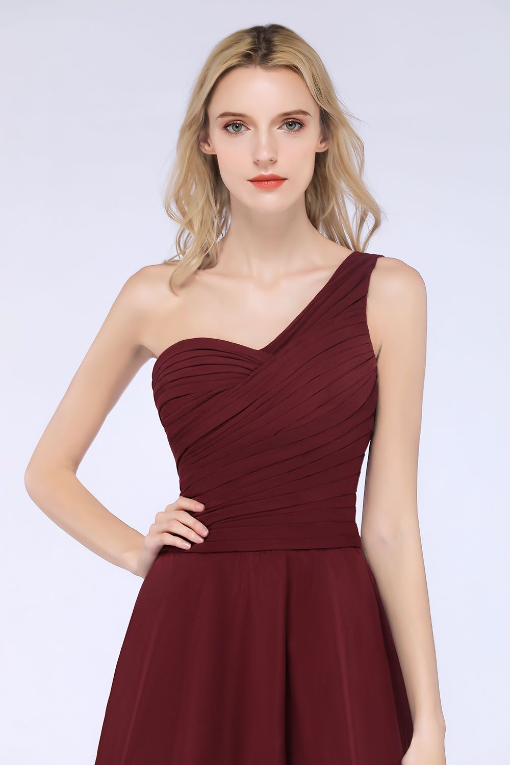 Chic One-Shoulder Short Burgundy Affordable Bridesmaid Dress with Ruffle-27dress