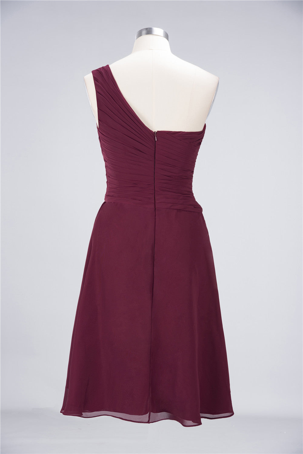 Chic One-Shoulder Short Burgundy Affordable Bridesmaid Dress with Ruffle-27dress