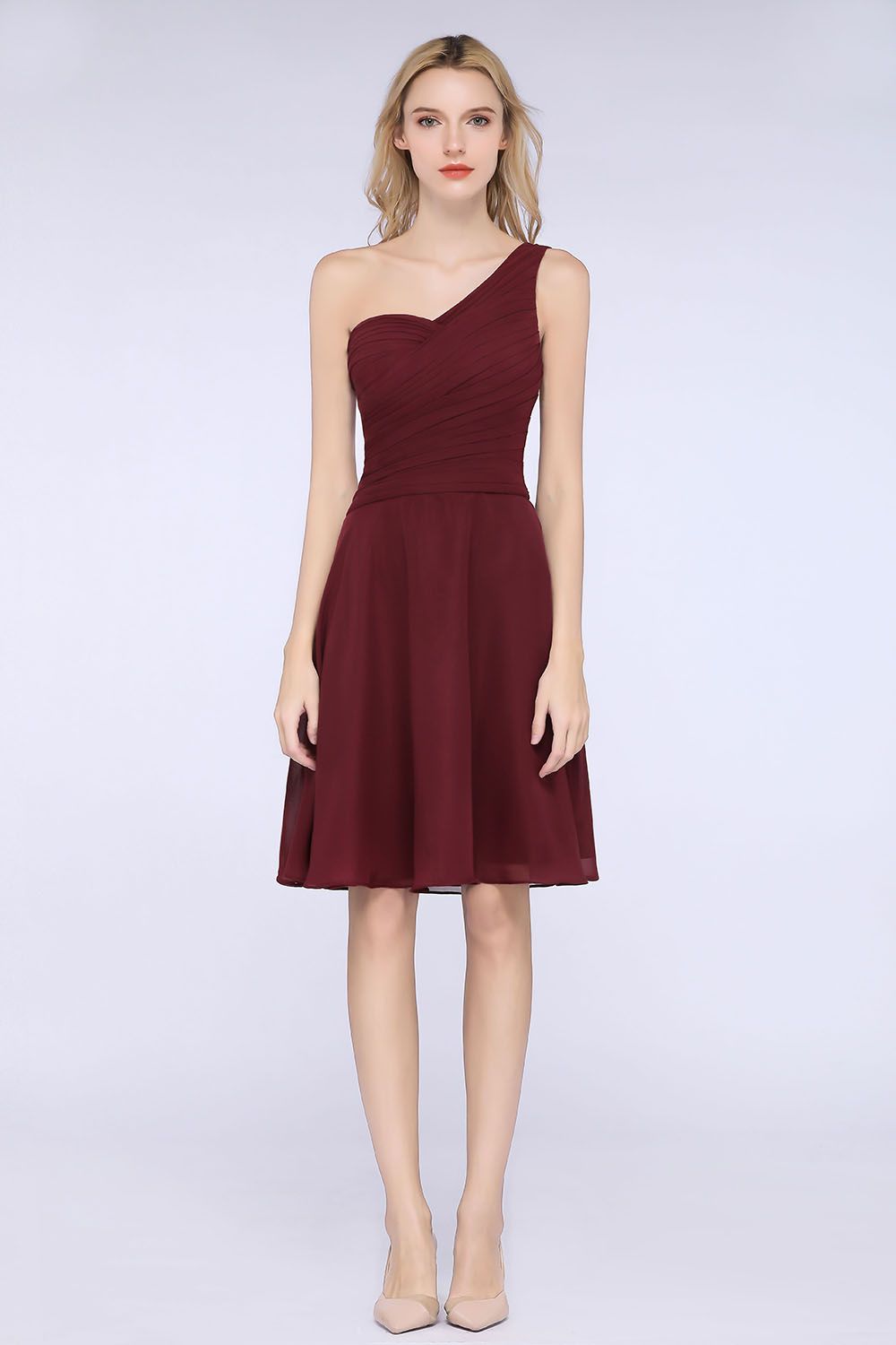 Chic One-Shoulder Short Burgundy Affordable Bridesmaid Dress with Ruffle-27dress