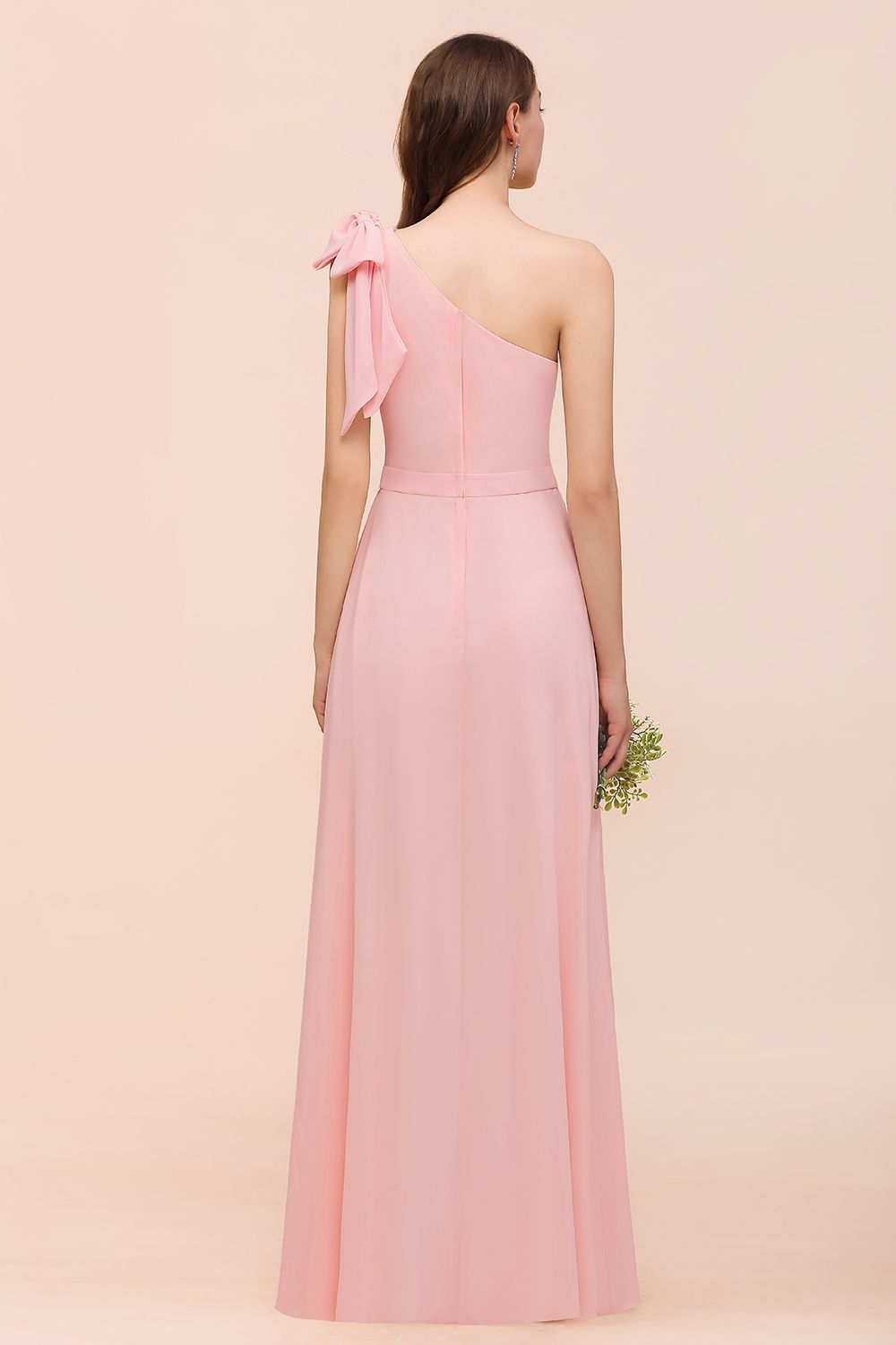 Chic One Shoulder Sleeveless Pink Chiffon Bridesmaid Dress with Bow-27dress