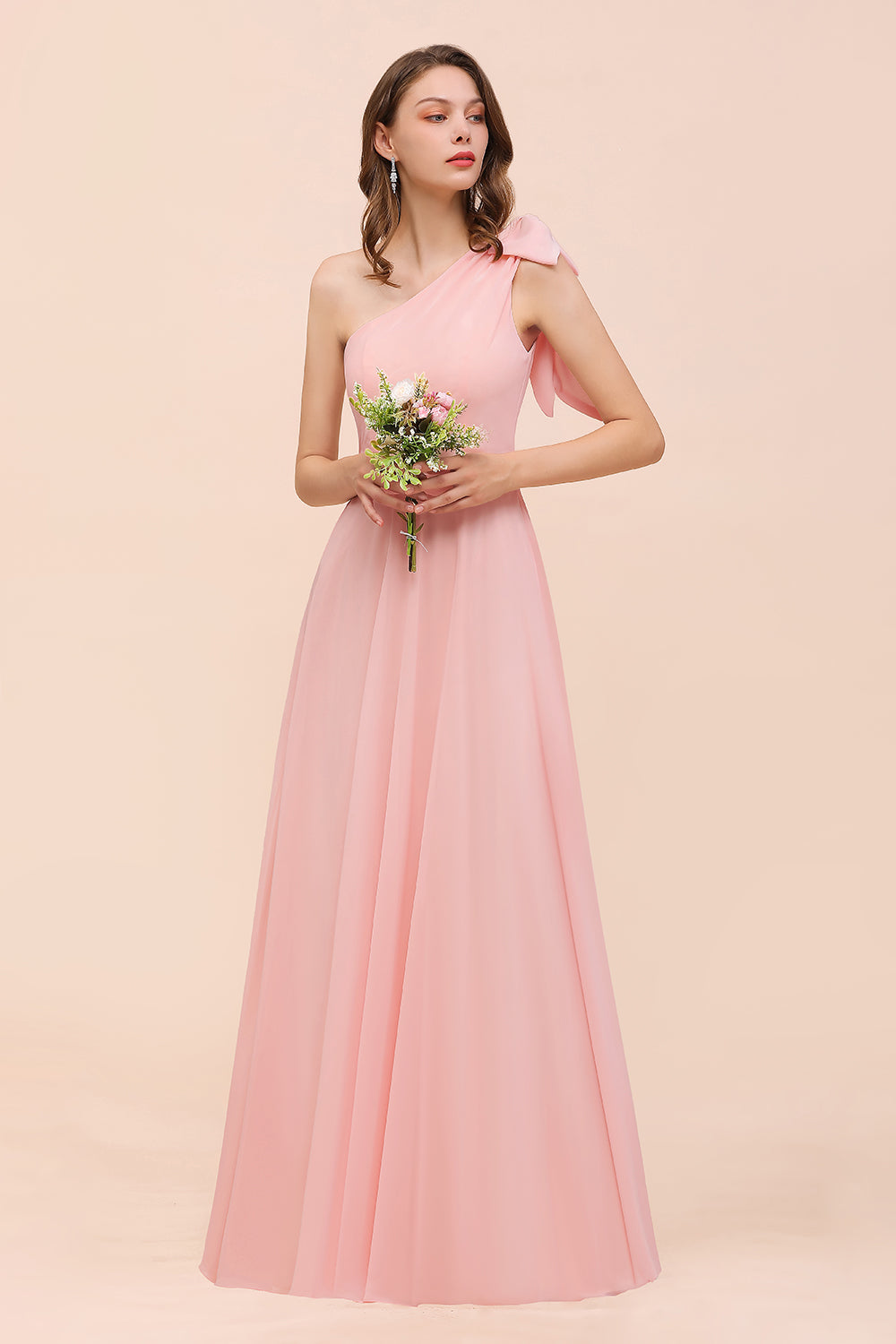 Chic One Shoulder Sleeveless Pink Chiffon Bridesmaid Dress with Bow-27dress