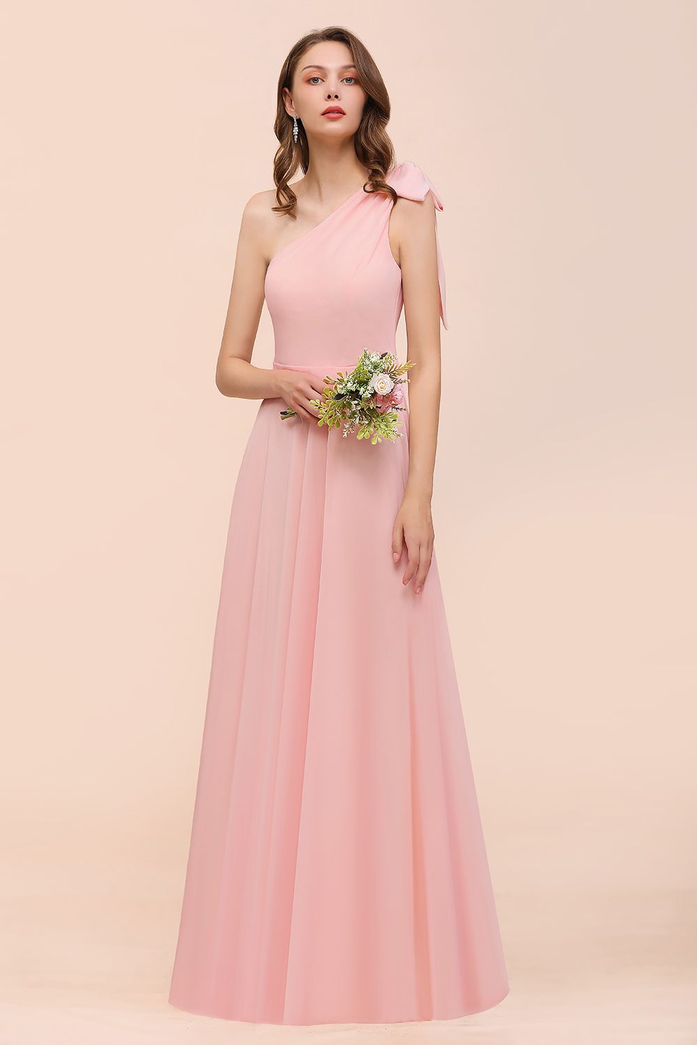 Chic One Shoulder Sleeveless Pink Chiffon Bridesmaid Dress with Bow-27dress