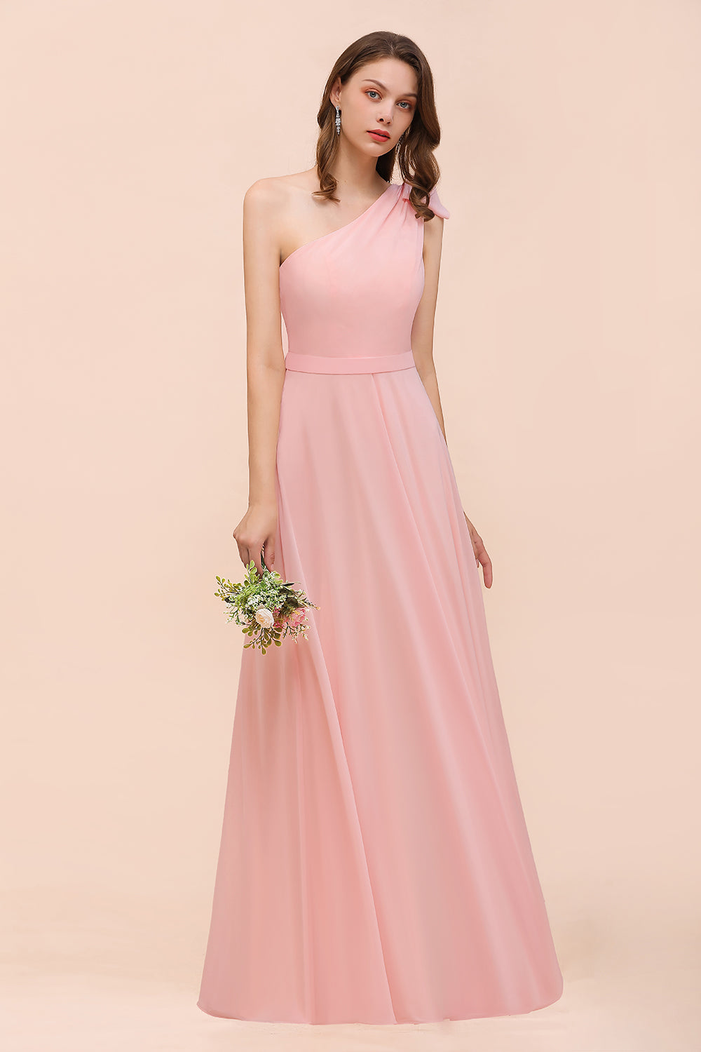 Chic One Shoulder Sleeveless Pink Chiffon Bridesmaid Dress with Bow-27dress