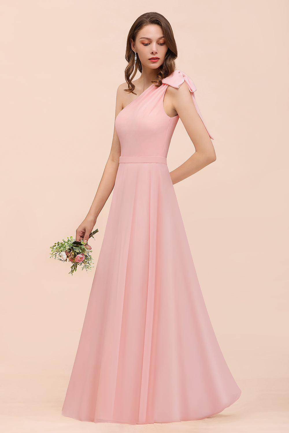 Chic One Shoulder Sleeveless Pink Chiffon Bridesmaid Dress with Bow-27dress