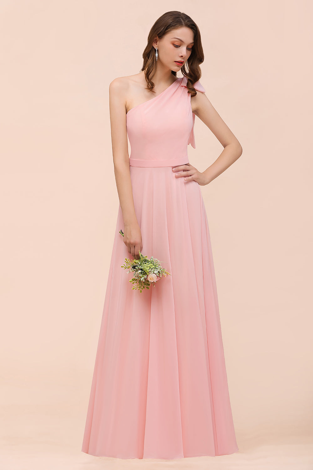 Chic One Shoulder Sleeveless Pink Chiffon Bridesmaid Dress with Bow-27dress