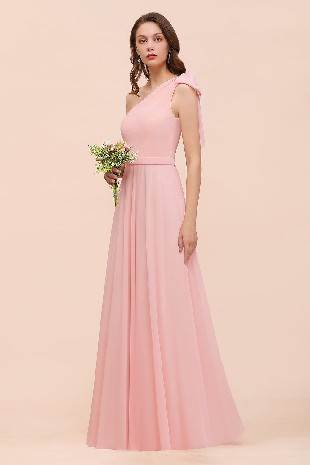 Chic One Shoulder Sleeveless Pink Chiffon Bridesmaid Dress with Bow-27dress