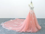 Chic Peach Pink Tulle Lace Wedding Dress Cathedral Train Bridal Gowns On Sale-27dress