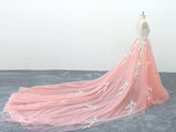 Chic Peach Pink Tulle Lace Wedding Dress Cathedral Train Bridal Gowns On Sale-27dress