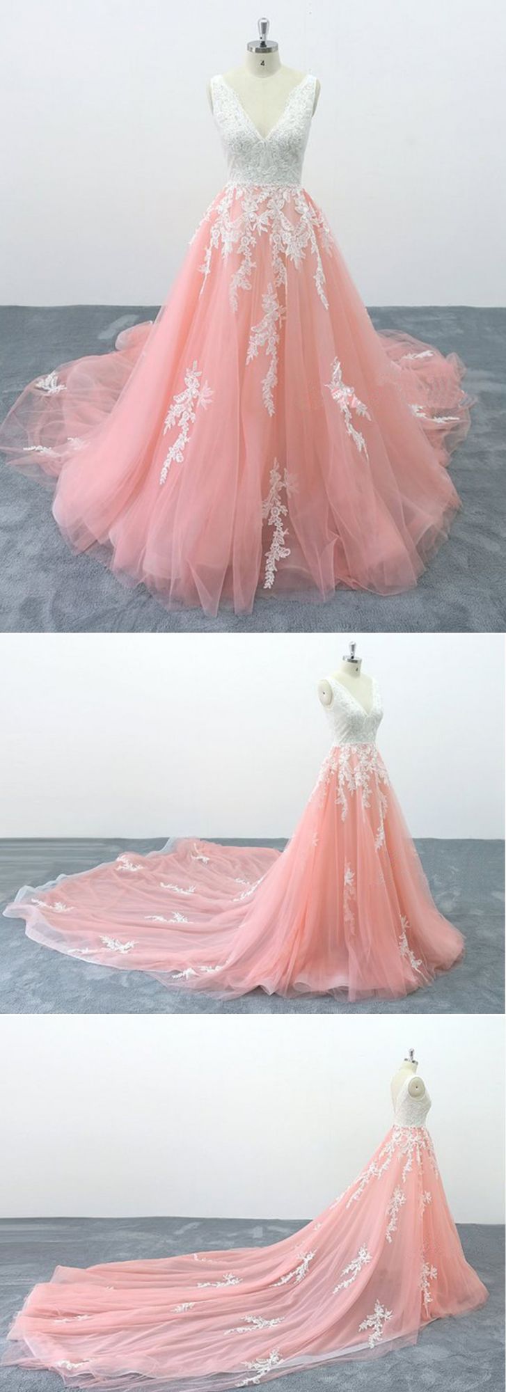 Chic Peach Pink Tulle Lace Wedding Dress Cathedral Train Bridal Gowns On Sale-27dress