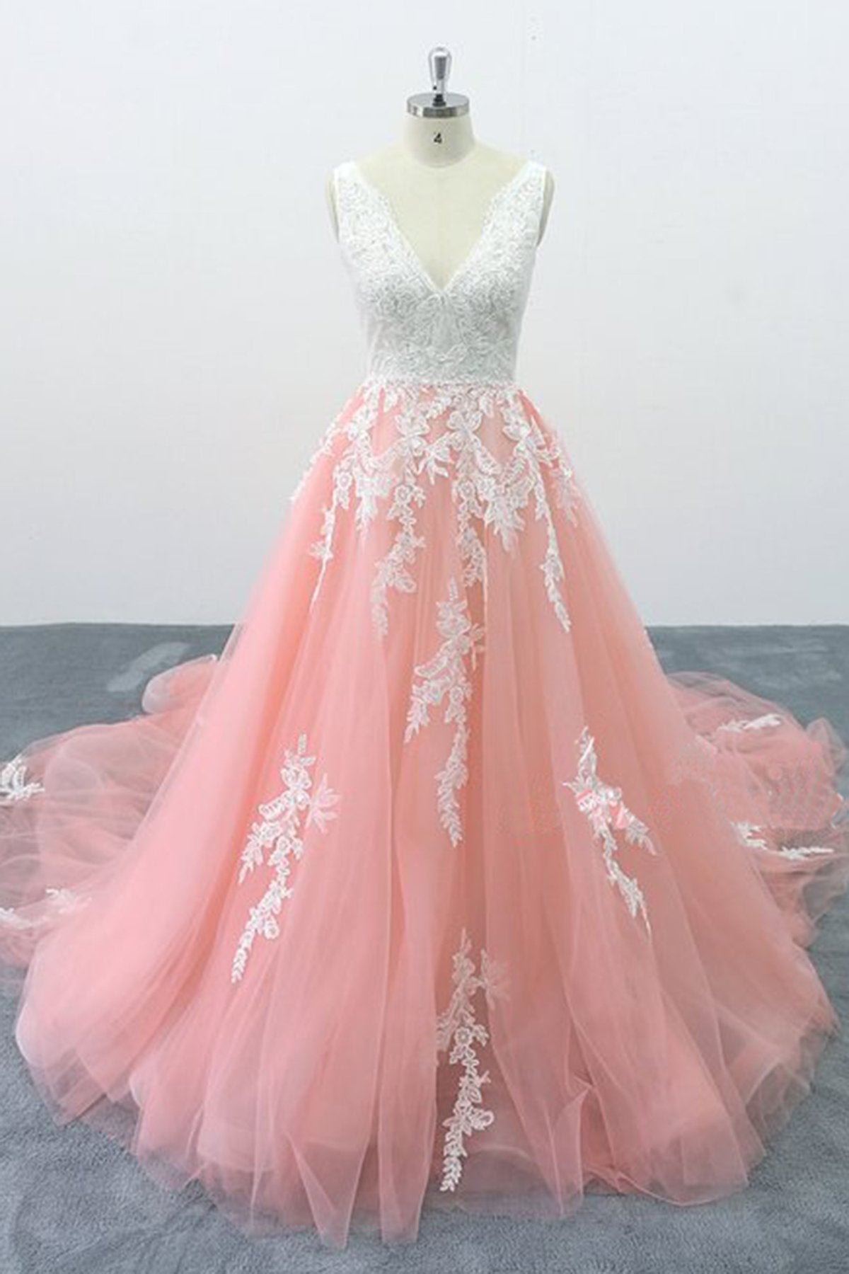 Chic Peach Pink Tulle Lace Wedding Dress Cathedral Train Bridal Gowns On Sale-27dress