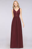 Chic Ruffles Straps Chiffon Lace Burgundy Bridsmaid Dress Online-27dress