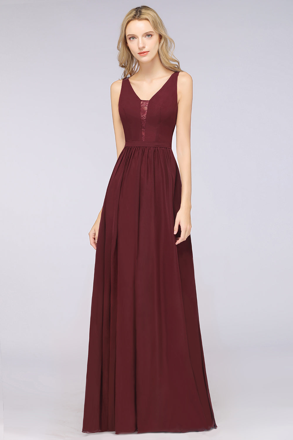 Chic Ruffles Straps Chiffon Lace Burgundy Bridsmaid Dress Online-27dress