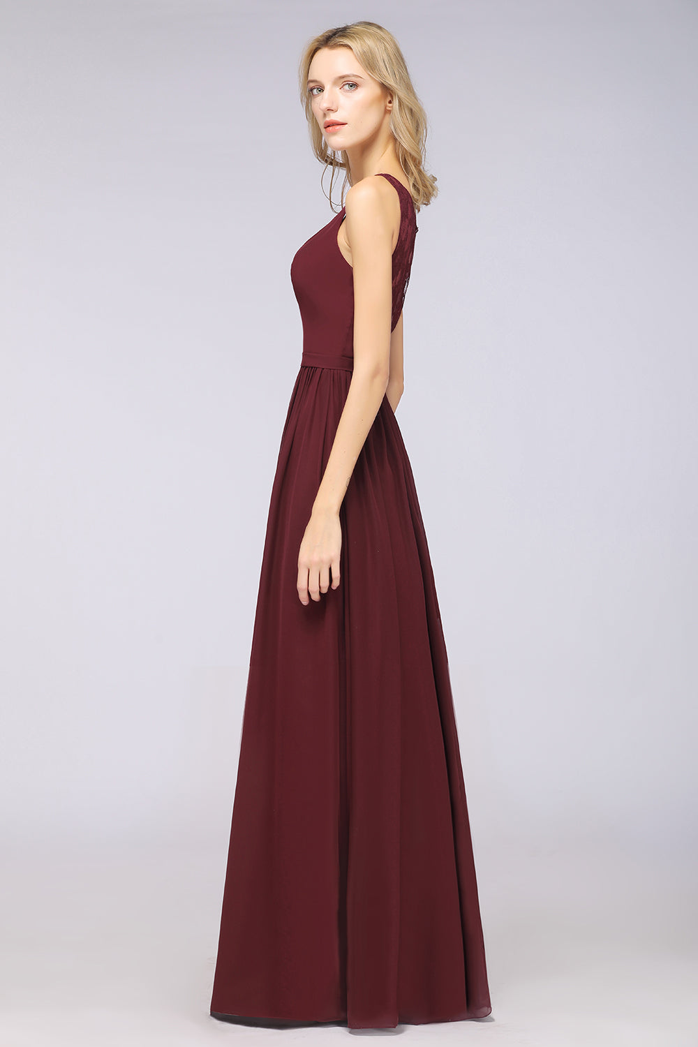 Chic Ruffles Straps Chiffon Lace Burgundy Bridsmaid Dress Online-27dress