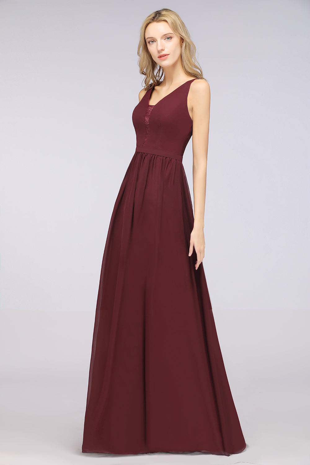 Chic Ruffles Straps Chiffon Lace Burgundy Bridsmaid Dress Online-27dress